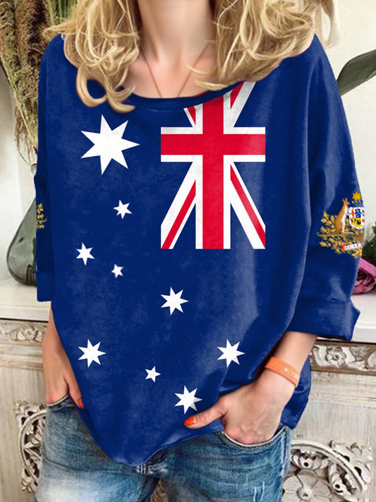 Women's Australia Fiag Badge print on both sleeves loose-fitting shirt